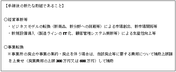 テキスト ボックス: 【承継後の新たな取組であること】    ○経営革新等  　・ビジネスモデルの転換（新商品、新分野への挑戦等）による市場創出、新市場開拓等  　・新規設備導入（製造ラインのIT化、顧客管理システム刷新等）による生産性向上等    ○事業転換  　※事業所の廃止や事業の集約・廃止を伴う場合は、当該廃止等に要する費用について補助上限額を上乗せ（廃業費用の上限300万円又は600万円）して補助    